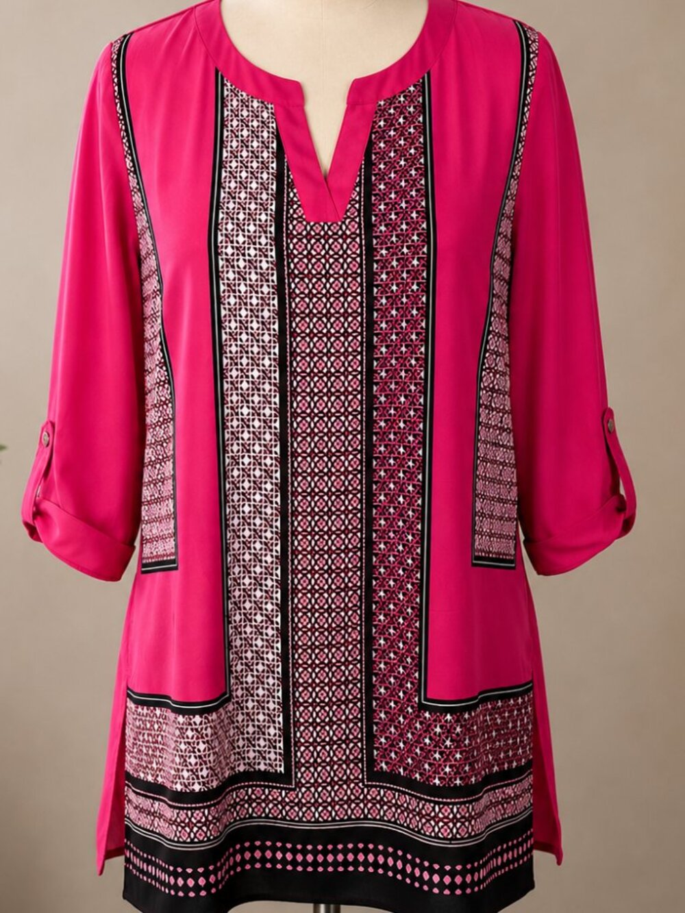 New York & Company Pink Black Print Tunic Blouse Top Large L 12/14